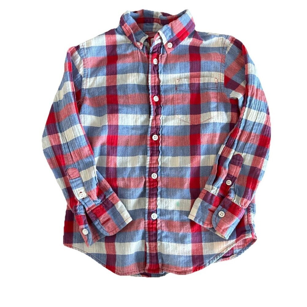 CREWCUTS Boys Long Sleeve Button Down Plaid Shirt Red Blue Sz 4-5 School Preppy
